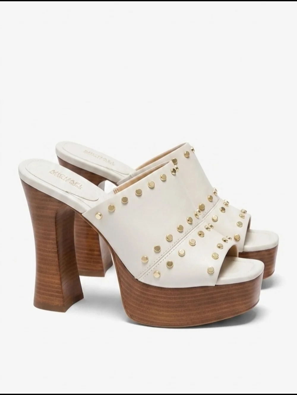 Michael Kors Cream Studded Platform Mule Heel with Wood-Look Sole